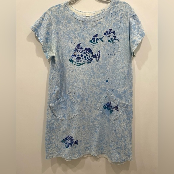 Fish Sundress Size Lg  Blue Beach Coverup Short Sleeve Front Pocket Scoop Neck - Picture 4 of 5